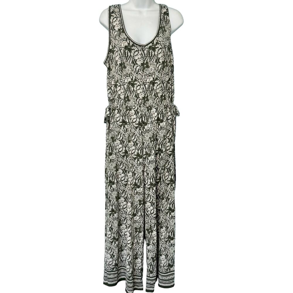 Max Studio Green White Floral Wide Leg Elastic Waist Sleeveless Jumpsuit Size L - Picture 2 of 11